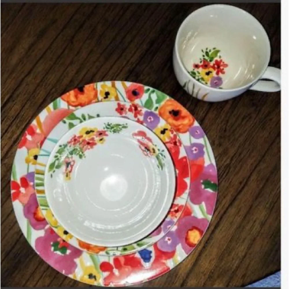4 Pc Verdant Acres by ANTHROPOLOGIE Dinner & Salad Plate + Bowl + Mug Dish Set